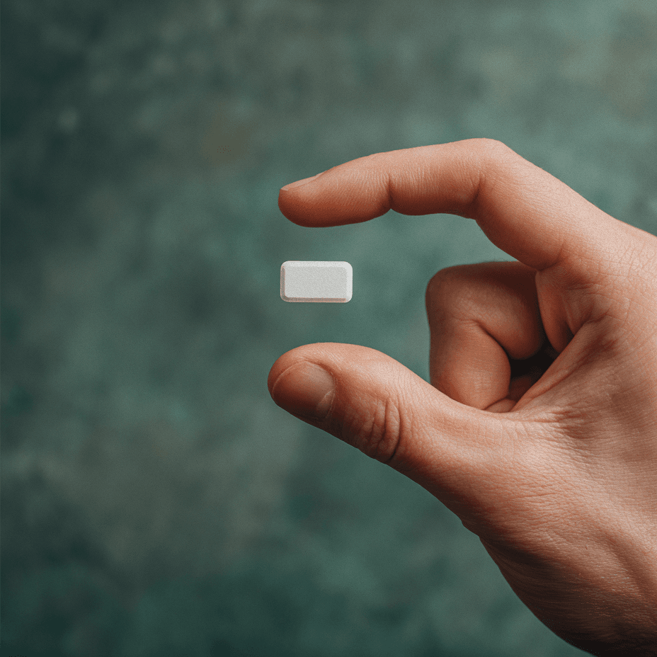Hand holding a small white pill